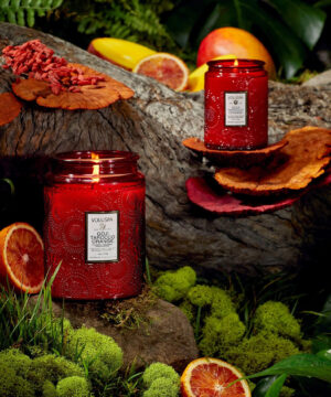 Voluspa aromātiskā svece Goji Tarocco Orange citrusu augļu stikla trauciņā
